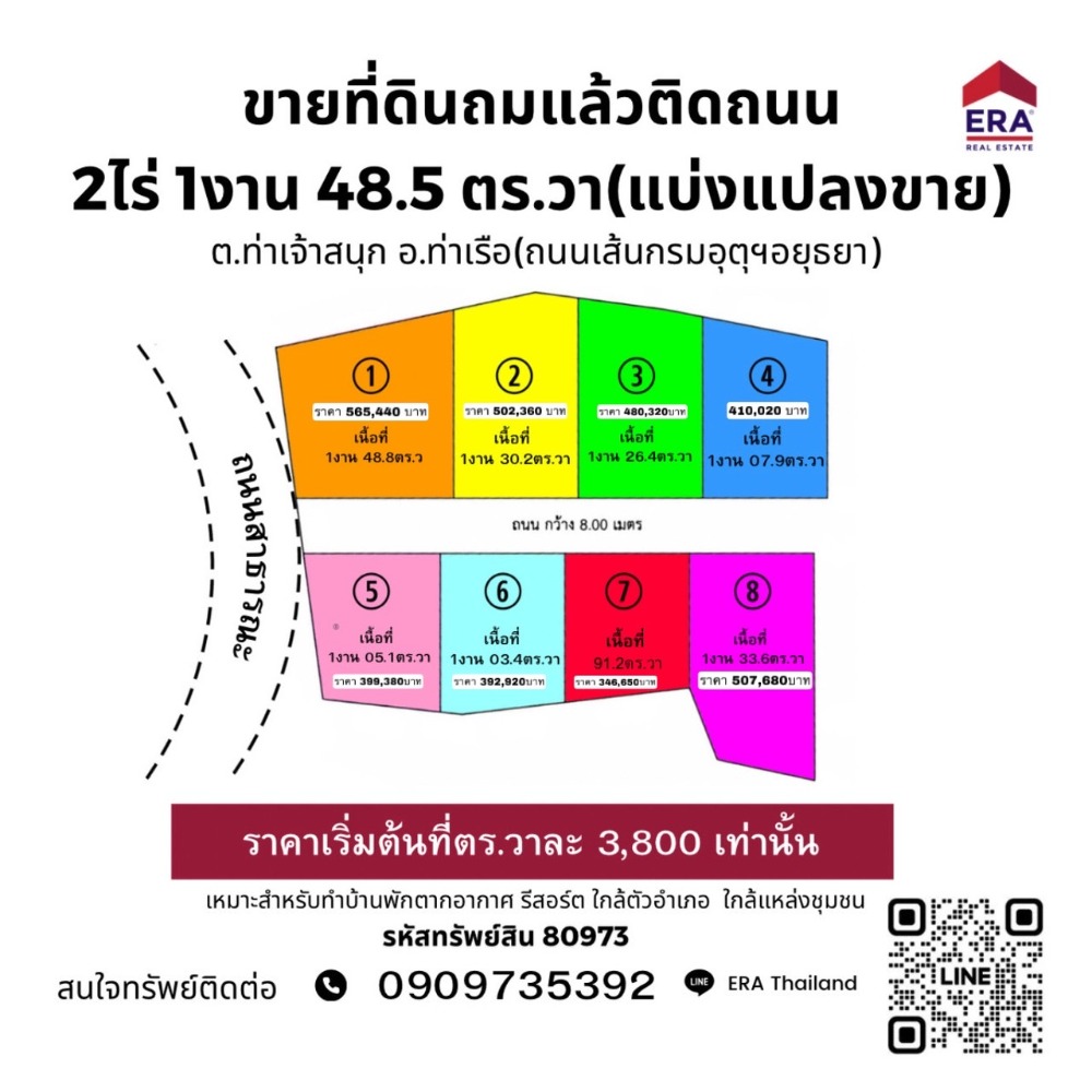 ขายที่ดินอยุธยา : L080973 ขายด่วน ที่ดินเปล่า ถมเเล้ว เนื้อที่ 2 ไร่ 1 งาน 48.5 ตร.ว เเบ่งขายราคาเริ่มต้น 3800 บาท ต่อ/ตร.ว ต.ท่าเจ้าสนุก อ.ท่าเรือ จ.พระนครศรีอยุธยา