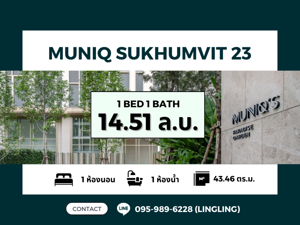 ขายคอนโดสุขุมวิท อโศก ทองหล่อ : 🔥 FOR SALE 🔥 MUNIQ SUKHUMVIT 23 | 1 BED 1 BATH | 43.46 sq.m. | 14.51 MB | ☎️ 095-989-6228