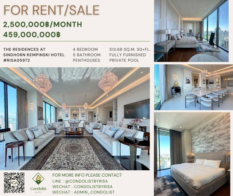 For RentCondoWitthayu, Chidlom, Langsuan, Ploenchit : Risa05972 Penthouse for rent, The Residences at Sindhorn Kempinski Hotel Bangkok, 513.68 sq m, 30+ floor, 4 bedrooms, 5 bathrooms, 2,500,000 baht only.