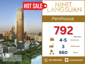 For SaleCondoWitthayu, Chidlom, Langsuan, Ploenchit : 🔥Penthouse🔥Nimit Langsuan 4 bedrooms, 3 bathrooms, 660 sq m, 52nd floor, price 792,000,000 baht, negotiable price, contact 0979599853