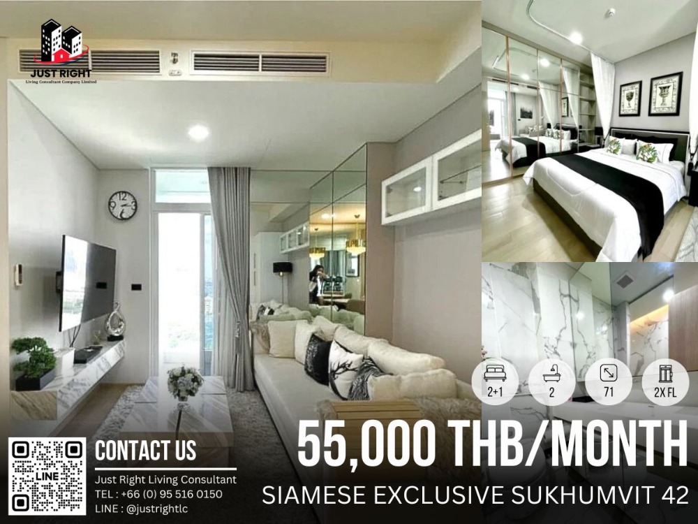 For RentCondoSukhumvit, Asoke, Thonglor : For rent, Siamese Exclusive Sukhumvit 42, 2+1 bedroom, 2 bathroom, size 71 sq.m, 2x Floor, Fully furnished, only 55,000/m, 1 year contract only.