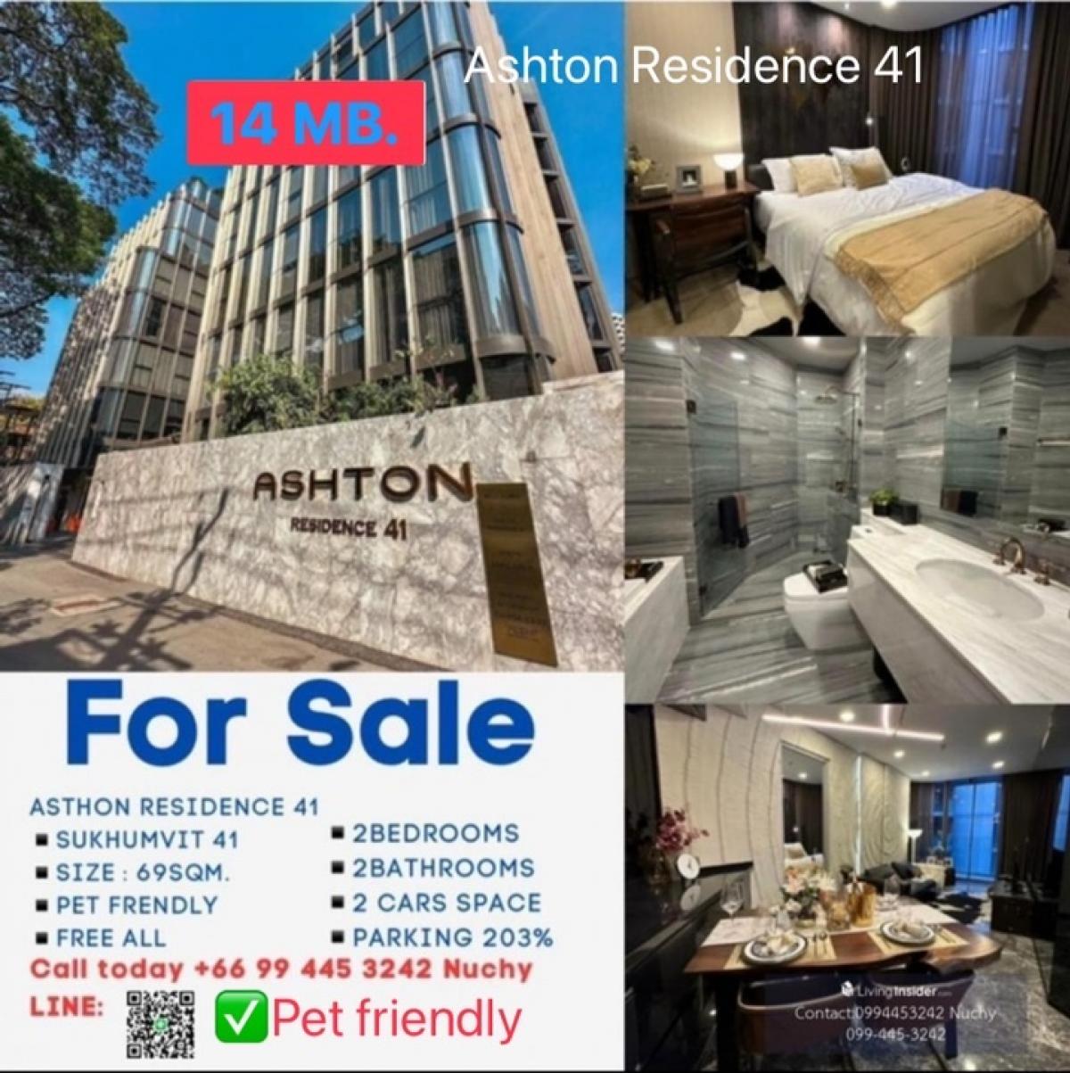 For SaleCondoSukhumvit, Asoke, Thonglor : 📌New 1st hand Ashton Resident 41, 2 bedrooms, 2 bathrooms, condo allows pets.  ✅Foreign quota still available for sale ✅Only 16 MB. Beautifully decorated room, can drag your luggage in right away👉2 bedrooms, 2 bathrooms, last 2 rooms available👉size 69 squ