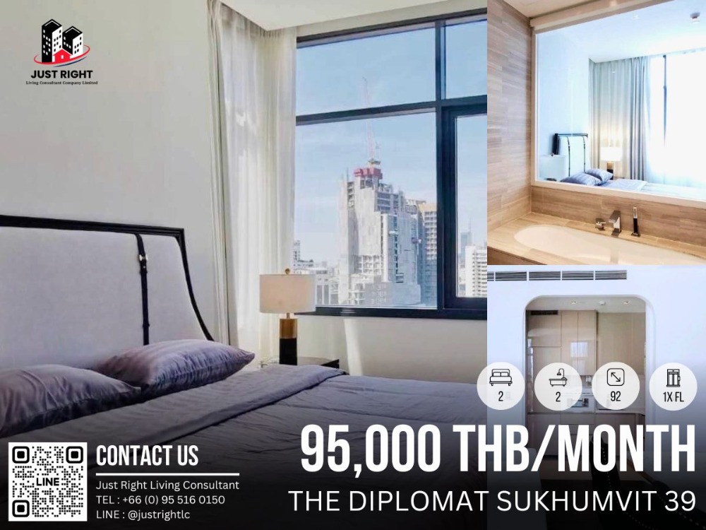 For RentCondoSukhumvit, Asoke, Thonglor : For rent, The Diplomat 39, 2 bedroom, 2 bathroom, size 92 sq.m, 1x Floor, Fully furnished, only 95,000/m, 1 year contract only.