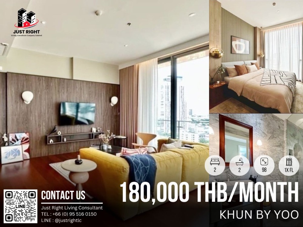 For RentCondoSukhumvit, Asoke, Thonglor : For rent, Khun By Yoo, 2 bedroom, 2 bathroom, size 98 sq.m, 1x Floor, Fully furnished, only 180,000/m, 1 year contract only.