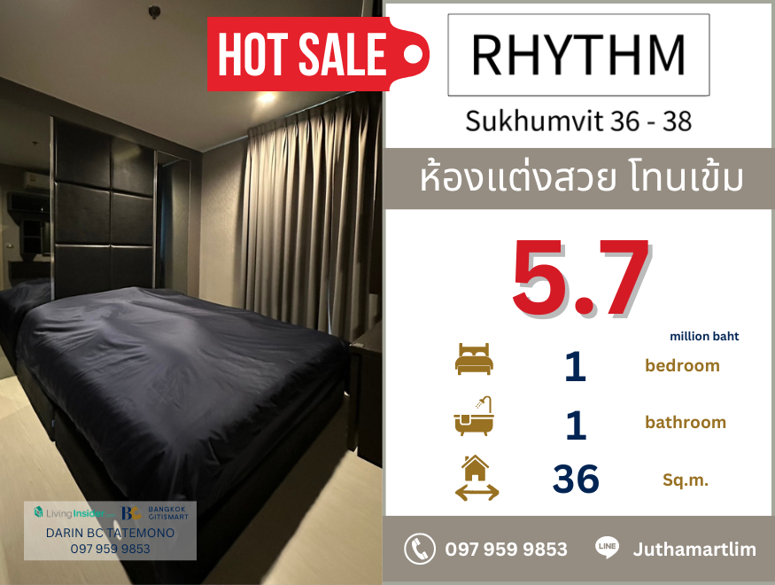 For SaleCondoSukhumvit, Asoke, Thonglor : 🔥Beautifully decorated room + North facing🔥 RHYTHM SUKHUMVIT 36-38 | 1 bedroom, 1 bathroom, 36 sq m., 12A floor, price 5,700,000, contact 0979599853