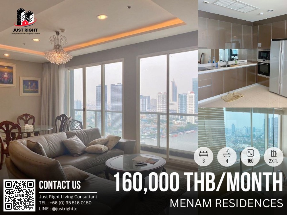 For RentCondoSathorn, Narathiwat : For rent, Menam Residences, 3 bedroom, 4 bathroom, size 160 sq.m, 2x Floor, Fully furnished, only 160,000/m, 1 year contract only.