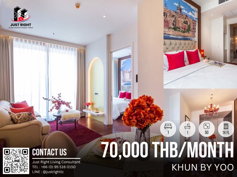 For RentCondoSukhumvit, Asoke, Thonglor : For rent, Khun By Yoo, 1 bedroom, 1 bathroom, size 50 sq.m, 1x Floor, Fully furnished, only 70,000/m, 1 year contract only.