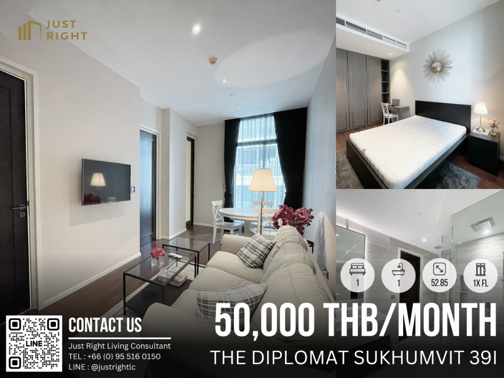 For RentCondoSukhumvit, Asoke, Thonglor : For rent, The Diplomat Sukhumvit 39, 1 bedroom, 1 bathroom, size 52.85 sq.m, Floor 1x, Fully furnished, only 50,000/m, 1 year contract only.