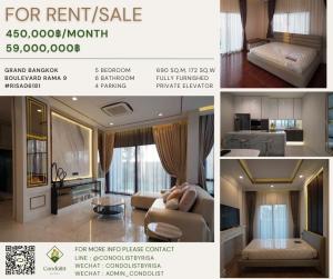 For RentHousePattanakan, Srinakarin : Risa06181 Luxury house for rent, Grand Bangkok Boulevard Rama 9, 690 sq m, 172 sq m, 5 bedrooms, 6 bathrooms, has a private elevator, only 450,000 baht.