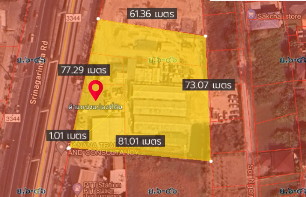 For SaleLandBangna, Bearing, Lasalle : Empty land for sale, next to the main road, Srinakarin, 3 rai, near the BTS, width 75 meters, suitable for building a high-rise building.