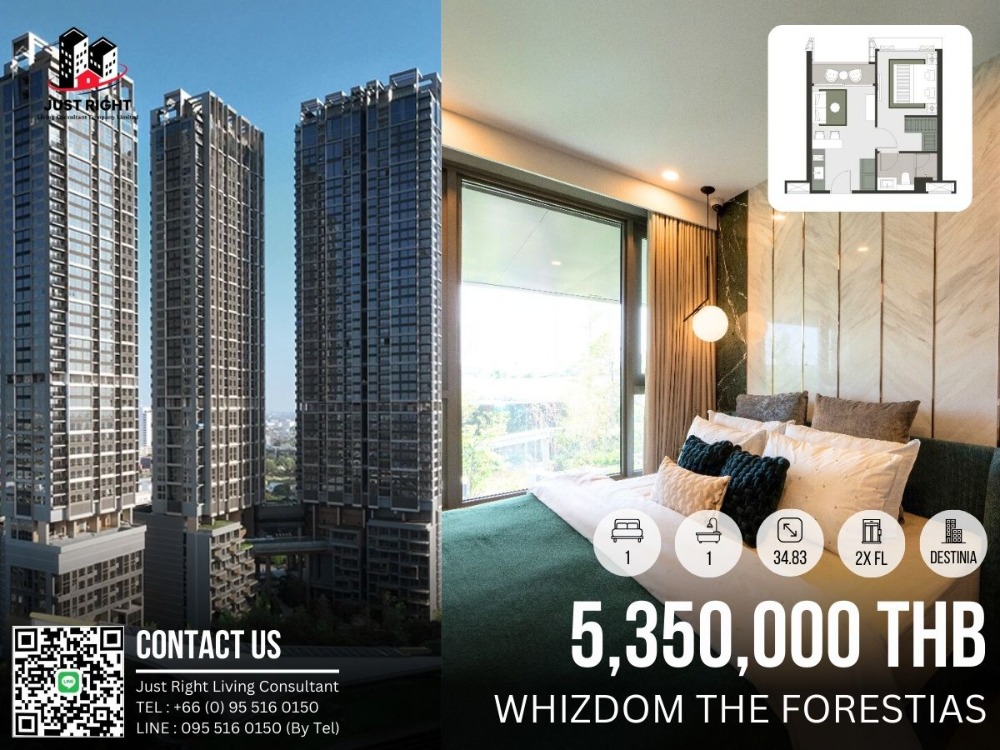 Sale DownCondoBangna, Bearing, Lasalle : For sell, Whizdom The Forestias, 1 bedroom, 1 bathroom, size 34.83 sq.m, Floor 2x, Destinia Tower, Fully Fitted, only 5.35 MB