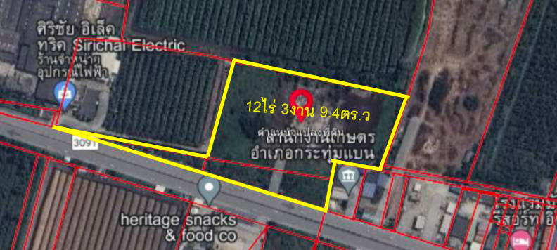 For SaleLandMahachai Samut Sakhon : Land for sale, next to Setthakit Road 1, Krathum Baen, Phutthasakhon, Samut Sakhon, 5,109.4 sq m or 12-3-9.4 rai.