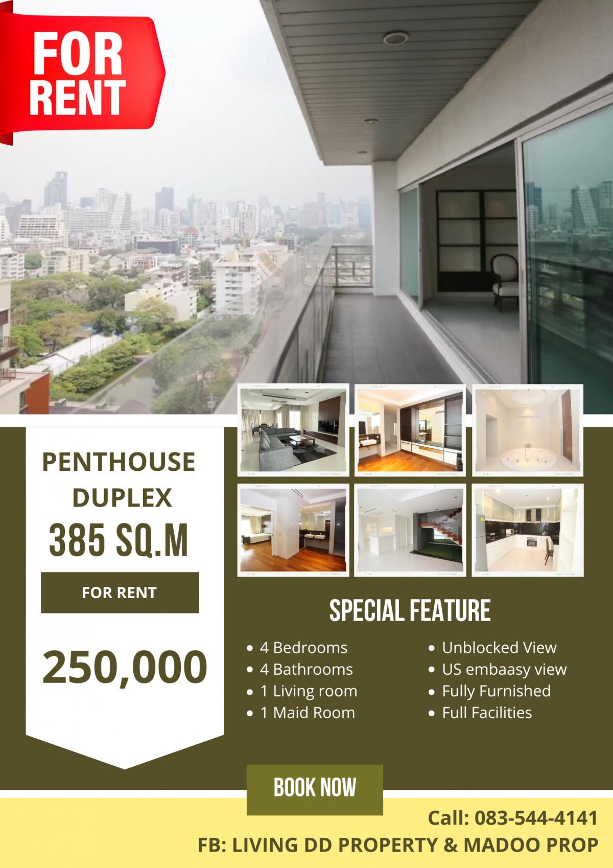 ให้เช่าคอนโดวิทยุ ชิดลม หลังสวน : Penthouse Wittayu 4beds for rent 250K 🔥🔥