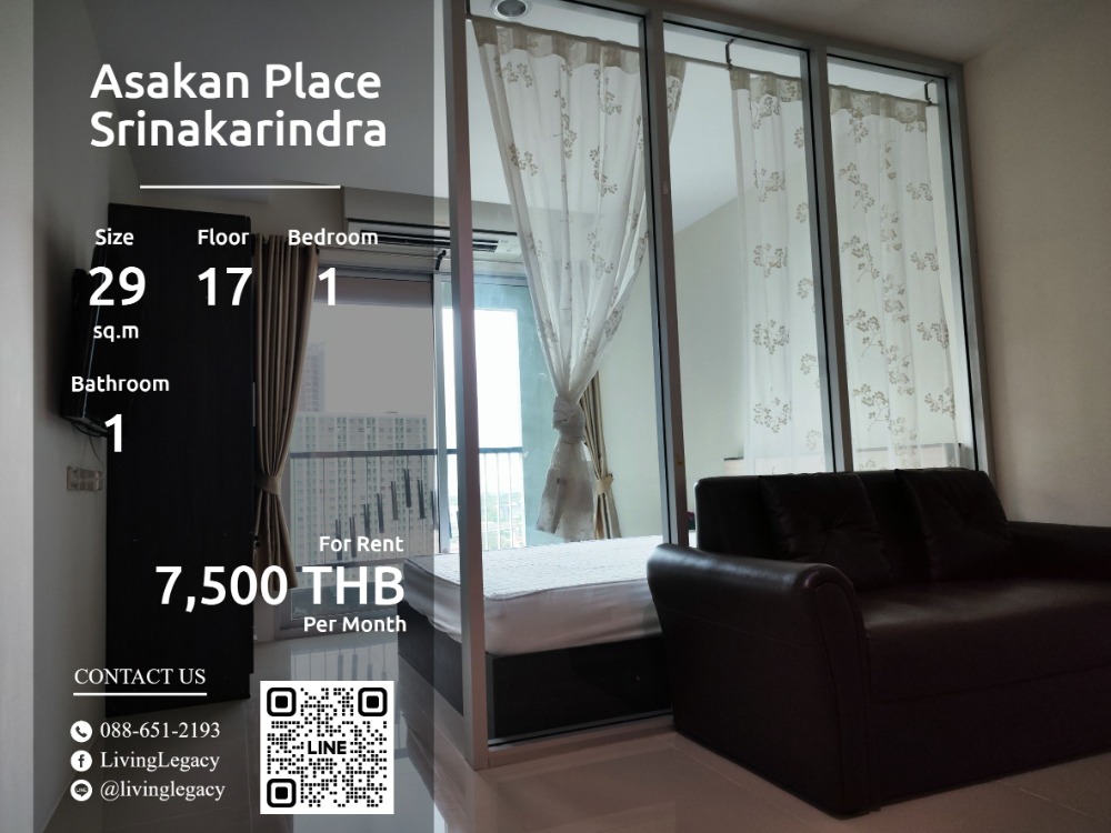 For RentCondoPattanakan, Srinakarin : LULD128U Condo for rent, Asakan Place Srinakarindra, 29 sq m, 17th floor, 1 bedroom, 1 bathroom, price 7500 baht.