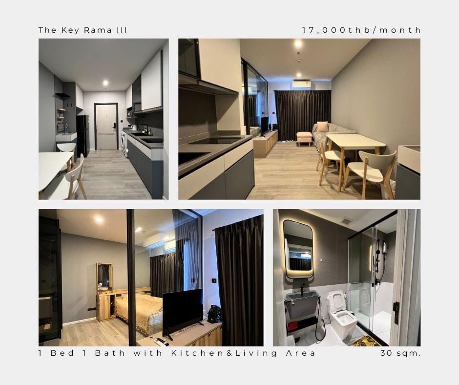 For RentCondoRama3 (Riverside),Satupadit : KYM102 Condo for rent, The Key Rama 3, 30th floor, city view, 30 sq m, 1 bedroom, 1 bathroom, 17,000 baht, 064-878-5283