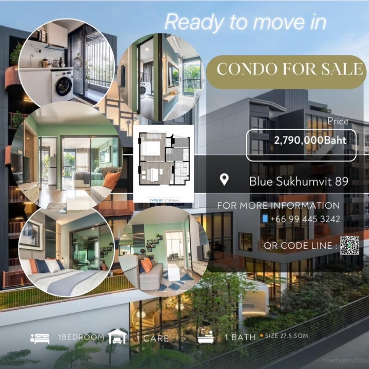 For SaleCondoOnnut, Udomsuk : 🔥Condo for sale, ready to move in, first hand from the project 📍 Blue Sukhumvit 89 🔹 Size 27.5 square meters (1Bedroom) 🔹 1 bedroom, 1 bathroom ❌ from price 3,119,000 baht ❌✅ Selling for only 2,790,000 baht