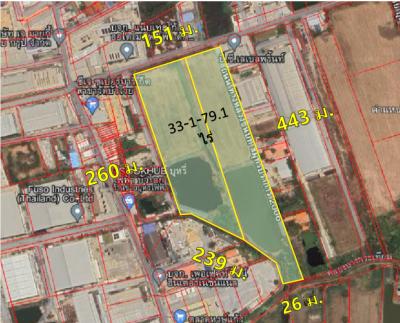 For SaleLandSamut Prakan,Samrong : Land for sale, Bangna Trat KM 24, Bang Sao Thong, Samut Prakan, 33-1-79 rai, purple layout, from Bangna Trat Road, only 3 km.