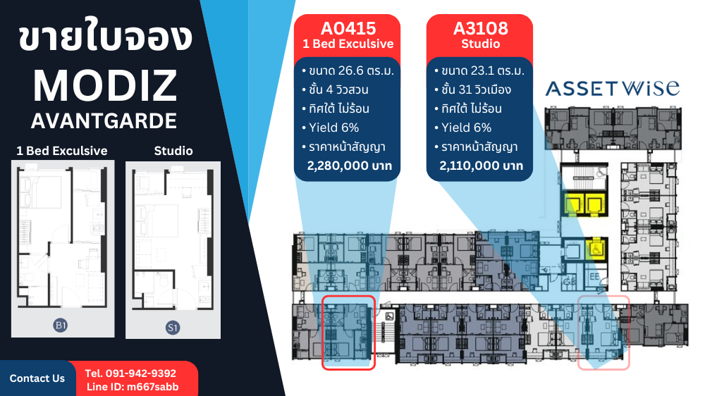 Sale DownCondoPathum Thani,Rangsit, Thammasat : Selling reservation slip for Modiz Avantgrade Studio and 1 BR Exclusive.