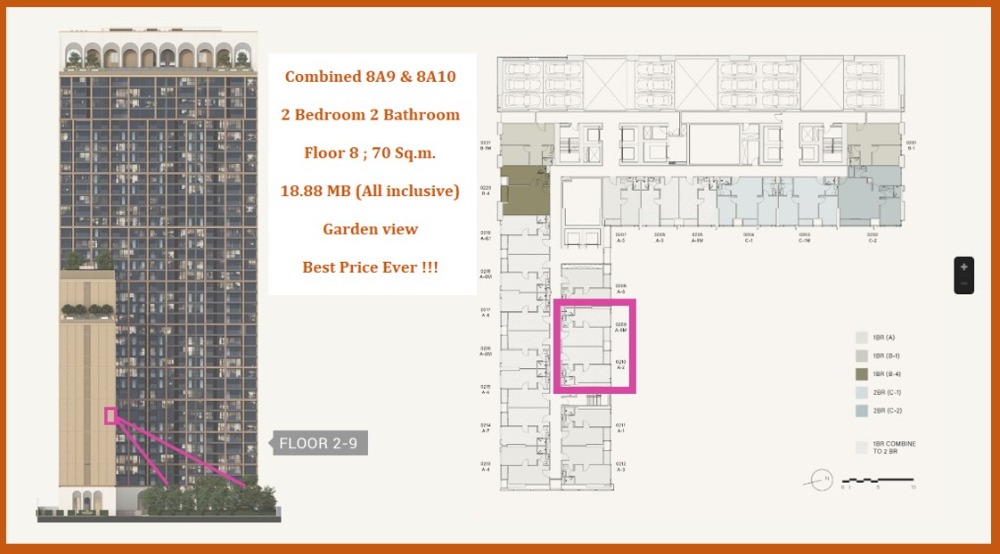 ขายดาวน์คอนโด : 2 ห้องนอน 2 ห้องน้ำ 70 ตร.ม. ชั้น 8 วิวสวน ทิศใต้ 18.88 ล้านบาท ลดพิเศษ 3.8 แสน ภายใน Oct 2024