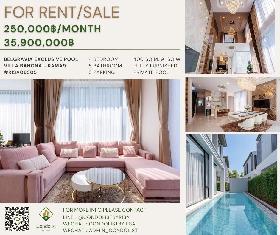 For RentHouseLadkrabang, Suwannaphum Airport : Risa06305 Belgravia Exclusive Pool Villa Bangna-Rama 9 400 sq m, 91 sq m, 4 bedrooms, 5 bathrooms, only 250,000 baht.