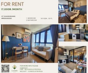 For RentCondoRatchadapisek, Huaikwang, Suttisan : Risa06383 Condo for rent, XT Huai Khwang, 30 sq m, 33rd floor, 1 bedroom, 2 bathrooms, 17,000 baht only.