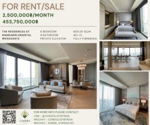 For SaleCondoWongwianyai, Charoennakor : Risa05973 Condo for sale, The Residence at Mandarin Oriental, 605.05 sq m, 6 bedrooms, 9 bathrooms, has a private elevator. Only 453.75 million baht