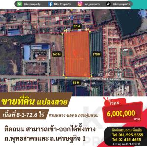 For SaleLandMahachai Samut Sakhon : Empty land for sale, 8-3-72.6 rai, Soi Suan Luang 5, Krathum Baen.