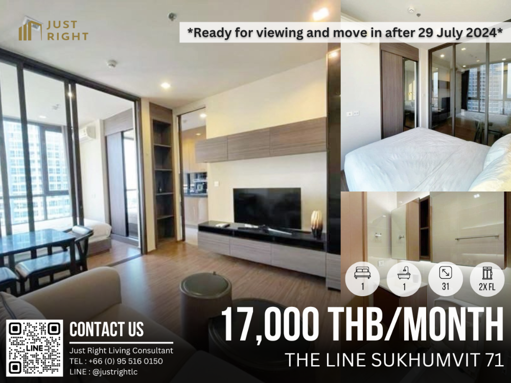 For RentCondoOnnut, Udomsuk : For rent, The Line Sukhumvit 71, 1 bedroom, 1 bathroom, size 31 sq.m, Floor 2x, Fully furnished, only 17,000/m, 1 year contract only. | *Ready for viewing and move in after 29/7/24*