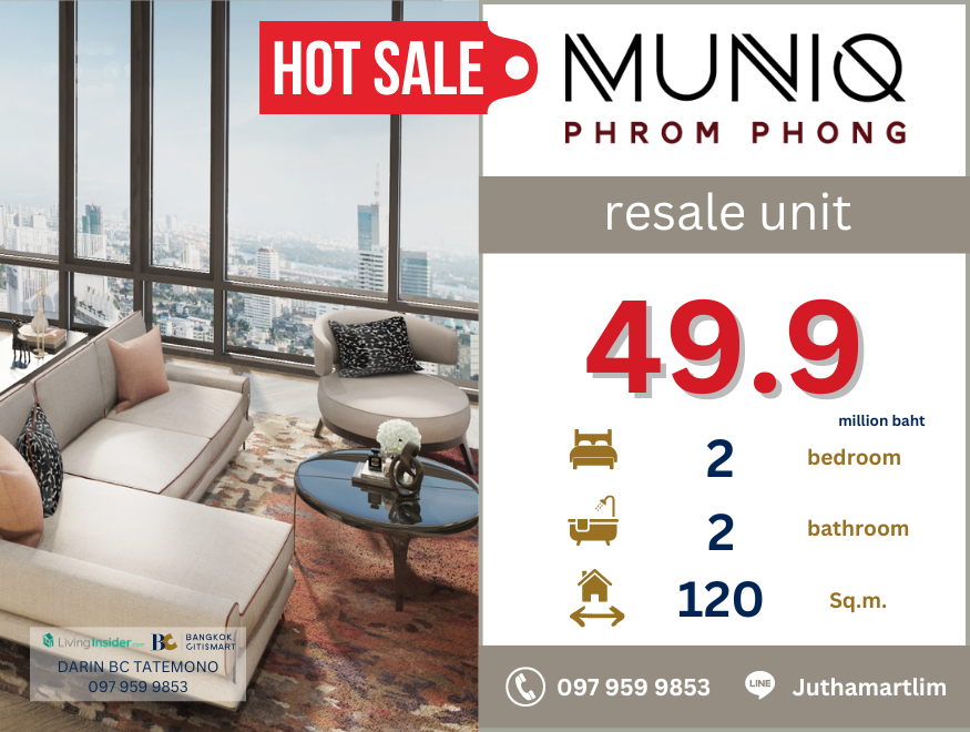 For SaleCondoSukhumvit, Asoke, Thonglor : 🔥resale unit🔥 MUNIQ Phrom Phong 2 bedrooms, 2 bathrooms, 120 sq m, 24th floor, price 49,900,000 baht, contact 0979599853