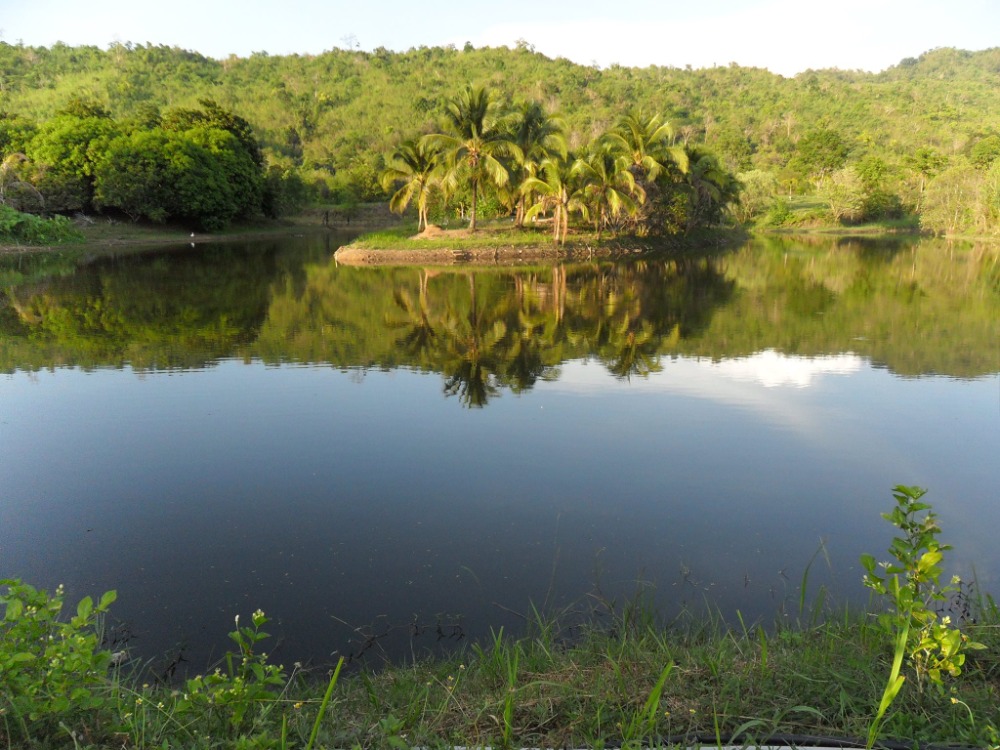 For SaleLandKanchanaburi : Land for sale 64 rai, 25 acres next to water, with vacation home
