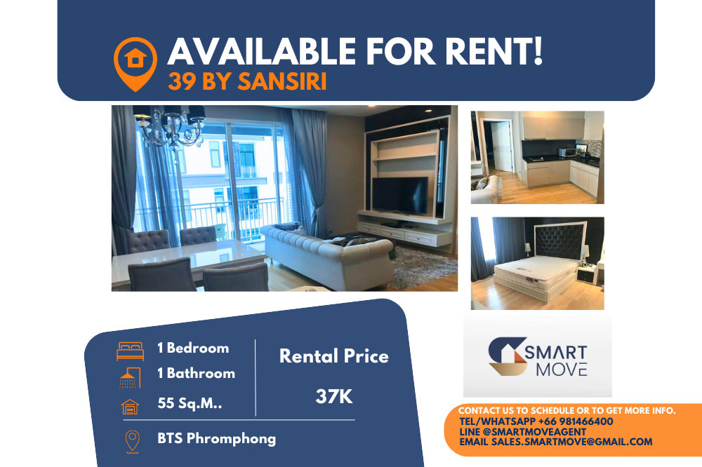 For RentCondoSukhumvit, Asoke, Thonglor : Code C20221206580..........39 By Sansiri for rent, 1 bedroom, 1 bathroom, high floor, furnished, ready to move in