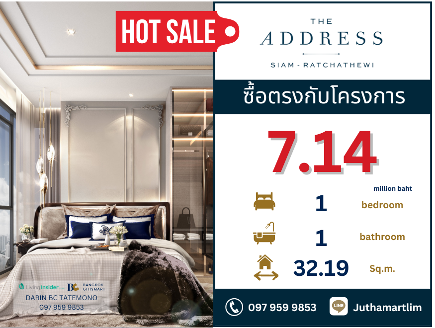 For SaleCondoRatchathewi,Phayathai : Loading... 🔥 Buy directly to the project 🔥 The Address Siam-Ratchathewi 1 bedroom, 1 bathroom, 32.19 sq m., 14th floor, price 7,140,000 baht, contact 0979599853