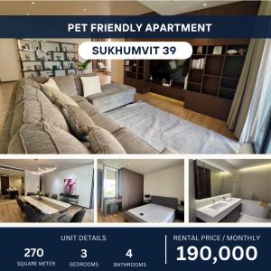 ให้เช่าคอนโดสุขุมวิท อโศก ทองหล่อ : Pet-Friendly Luxury Apartment Sukhumvit 39 3 Beds 270 sqm 190k per month