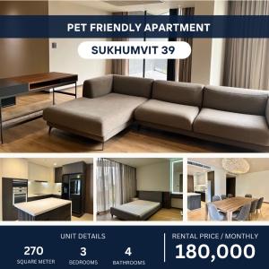 ให้เช่าคอนโดสุขุมวิท อโศก ทองหล่อ : Pet-Friendly Luxury Apartment Sukhumvit 39 3 Beds 270 sqm 180k