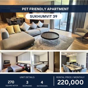 For RentCondoSukhumvit, Asoke, Thonglor : Pet-Friendly Luxury Apartment 3 Beds 240 sqm220k per month