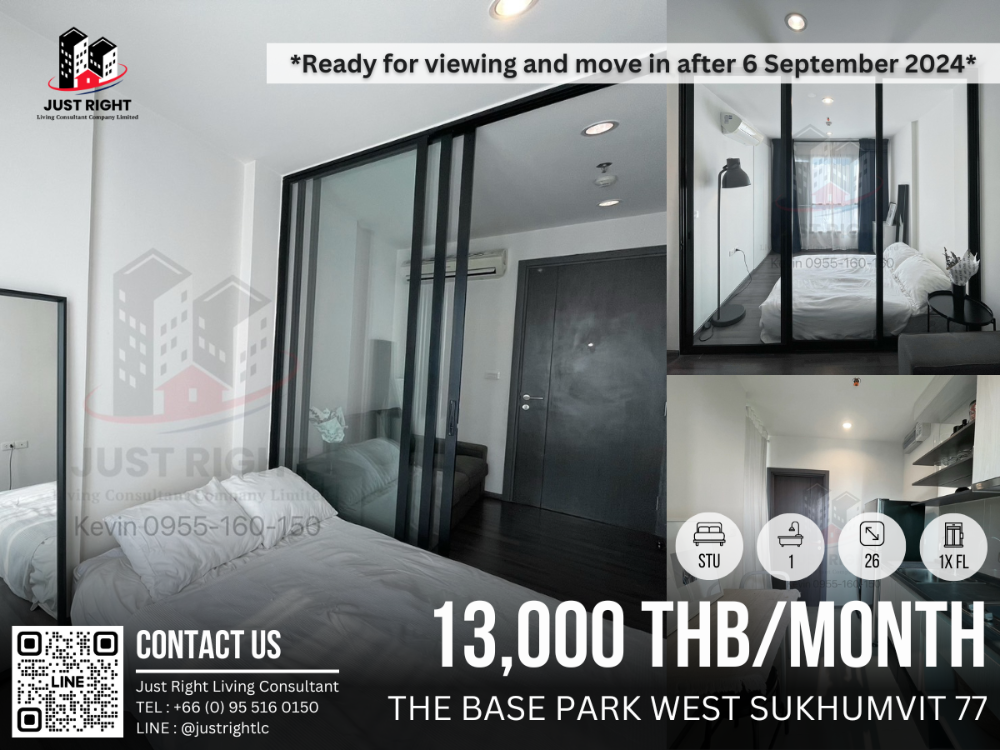 For RentCondoOnnut, Udomsuk : For rent, The Base Park West, Studio, 1 bathroom, size 26 sq.m, Floor 1x, Fully furnished, only 13,000/m, 1 year contract only. | *Ready for viewing and move in after 6/9/2024*