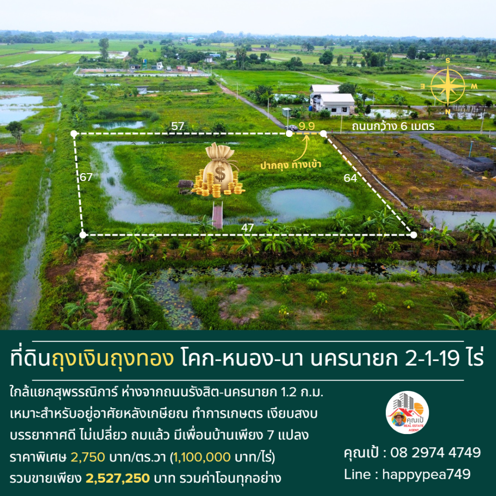 For SaleLandNakhon Nayok : 💰💵 Land with money bags, Nakhon Nayok, near Khlong Phrommani, 2-1-19 rai, Suphannika intersection location, only 1.2 km from Rangsit-Nakhon Nayok Road, filled with soil - dug a pond - electricity, very cheap price, suitable for retirement, farming, Khok N