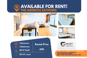 For RentCondoSathorn, Narathiwat : Code C20240700062..........The Address Sathorn for rent, 2 bedroom, 2 bathroom, high floor, furnished, ready to move in