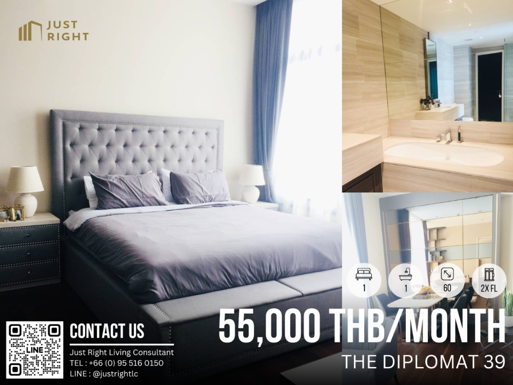 For RentCondoSukhumvit, Asoke, Thonglor : For rent, The Diplomat Sukhumvit 39, 1 bedroom, 1 bathroom, size 60 sq.m, Floor 2x, Fully furnished, only 55,000/m, 1 year contract only.