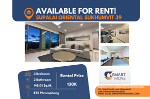 ให้เช่าคอนโดสุขุมวิท อโศก ทองหล่อ : Code C20240800103..........Supalai Oriental Sukhumvit 39 สำหรับเช่า, 3 ห้องนอน, 3 ห้องน้ำ, ชั้นสูง, แต่งครบ, พร้อมเข้าอยู่