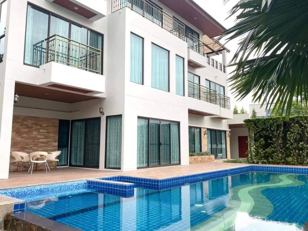 For RentHouseRama9, Petchburi, RCA : ⚡️⚡️Single house for rent, 3 floors, 200 sq.w.  6 bedrooms, Rama 9 area, with private swimming pool  near Airport link Hua Mak, ready to move in