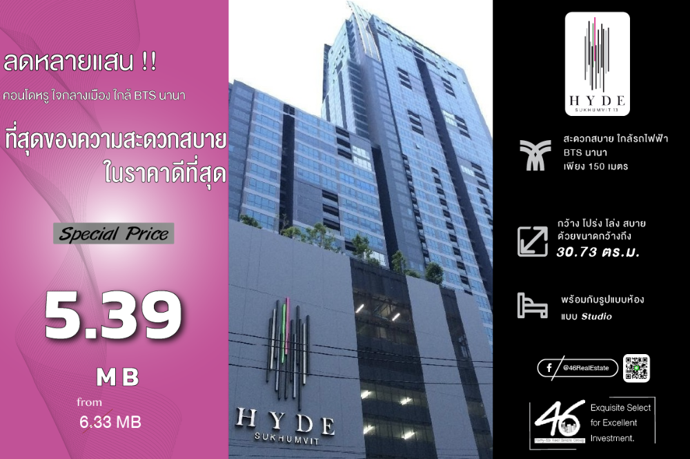 ขายคอนโดนานา : ขายคอนโด  HYDE SUKHUMVIT 13  1 ห้องนอน 30.73 ตร.ม.  ห้อง layout สวย หันไปทางตึก Trendy เห็นสระว่ายน้ำ วิวไม่บล็อค สนใจนัดชมได้เลยครับ