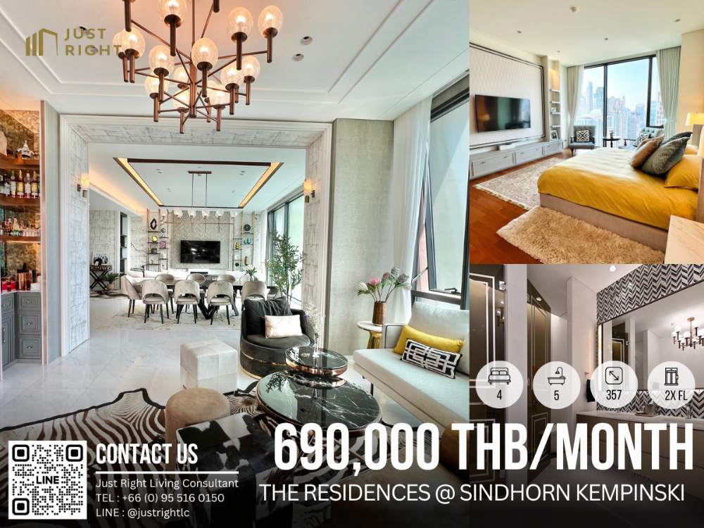 For RentCondoWitthayu, Chidlom, Langsuan, Ploenchit : For rent, The Residences @ Sindhorn Kempinski , 4 bedroom, 5 bathroom, size 357 sq.m, Floor x, Fully furnished, 690,000 /month