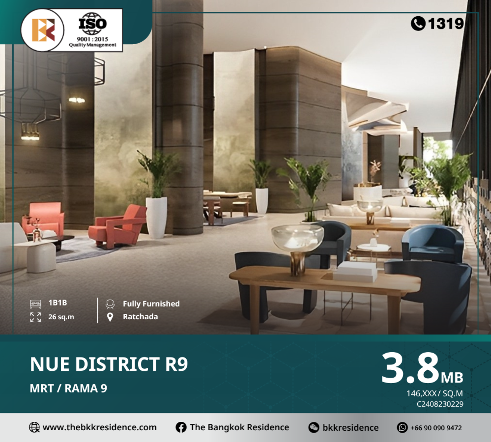 For SaleCondoRama9, Petchburi, RCA : Nue District R9, a new condo from Noble. Previously, the Nue brand was a brand built in the suburban area near MRT Rama 9.