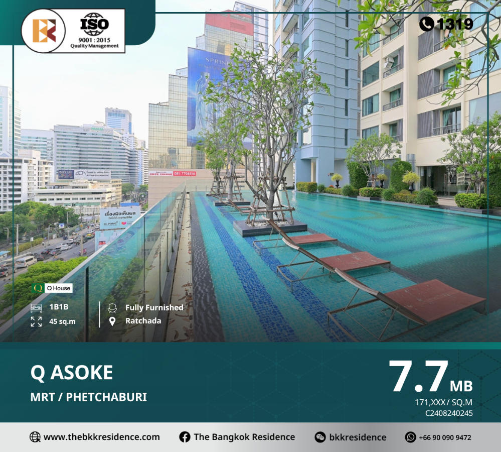 For SaleCondoRama9, Petchburi, RCA : Q Asoke is luxurious in the heart of the city and conveniently accessible by the subway in front of the condo, near MRT Phetchaburi.