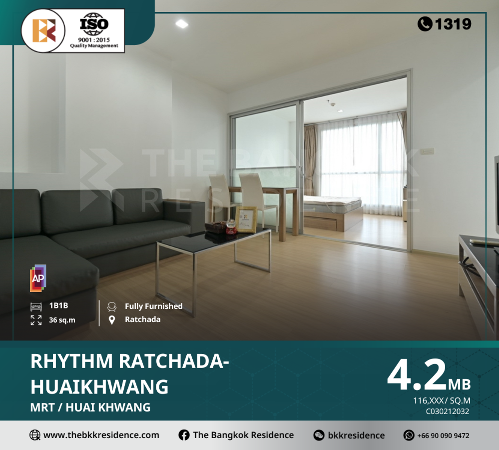 For SaleCondoRatchadapisek, Huaikwang, Suttisan : RHYTHM Ratchada-Huaikhwang in a quality location, near the MRT Huai Khwang station