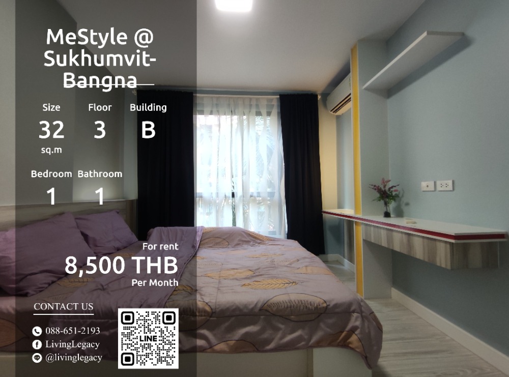 For RentCondoBangna, Bearing, Lasalle : SJ8086 Condo for rent MeStyle @ Sukhumvit-Bangna 32 sq m. 3rd floor, Building B line id : @livinglegacy call : 088-651-2193