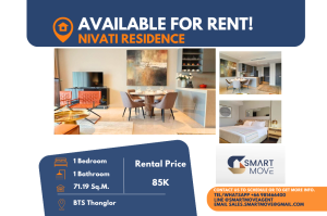 For RentCondoSukhumvit, Asoke, Thonglor : Code C20240800145..........Nivati Residence for rent, 1 bedroom, 1 bathroom, furnished, ready to move in, pet friendly!!