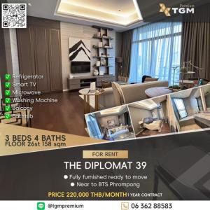 For RentCondoSukhumvit, Asoke, Thonglor : For rent: The Diplomat 39, beautiful room, luxuriously decorated, city view 🛋️Fully furnished, ready to move in