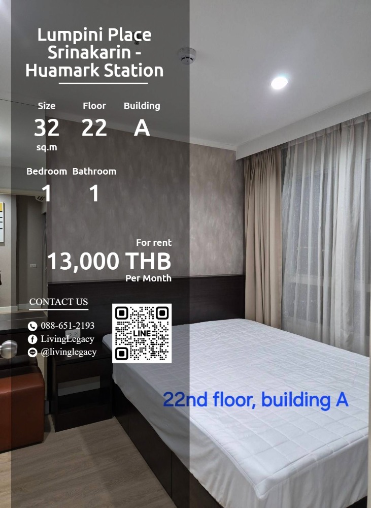 For RentCondoPattanakan, Srinakarin : SJAFI1 Condo for rent Lumpini Place Srinakarin - Huamark Station 32 sq m. 22nd floor, Building A line id : @livinglegacy call : 088-651-2193